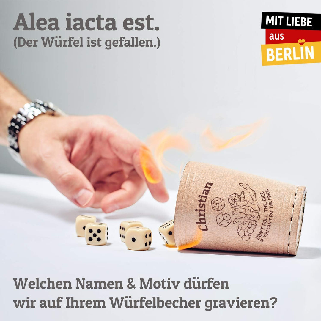 Diamandi Leder Würfelbecher mit Gravur - Personalisierung von Name + Motiv zur Auswahl inkl. 6 Würfe