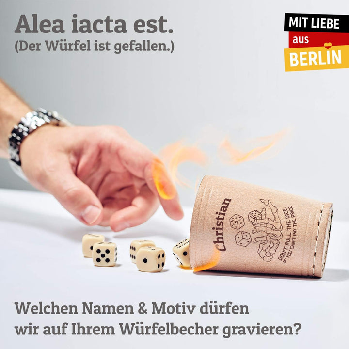Diamandi Leder Würfelbecher mit Gravur - Personalisierung von Name + Motiv zur Auswahl inkl. 6 Würfe