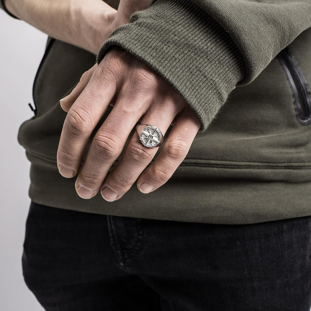 Akitsune Guidance Ring | Kompass Karte Nord Nautisch Ring Herren Edelstahl Designer Mattschwarz Anti