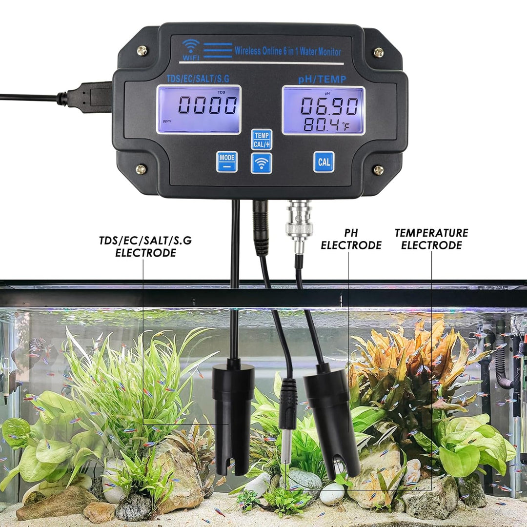 Professioneller 6-in-1-Wasserqualitätsmonitor testet pH-Wert, TDS, EC, Salzgehalt, SG, Temperatur Wi