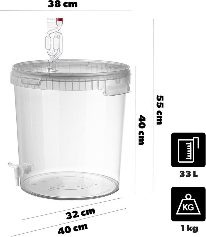 KADAX Gäreimer 33L Set mit Auslaufhahn, Gärröhrchen & Gummistopfen, Gärbehälter aus Kunststoff mit A