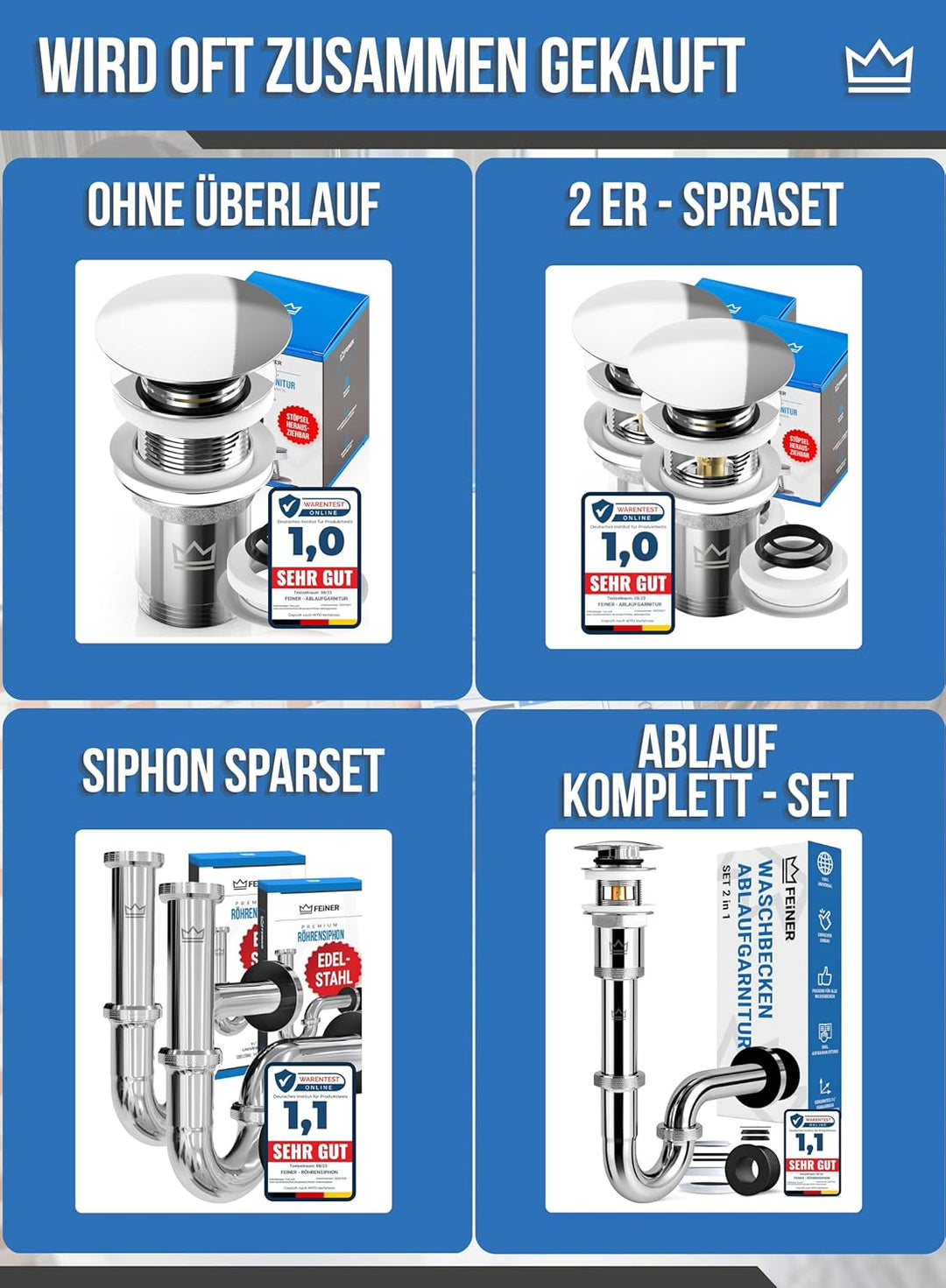 FEINER® Universal Waschbecken Ablaufgarnitur für Waschbecken & Waschtisch Aller Art MIT Überlauf, St