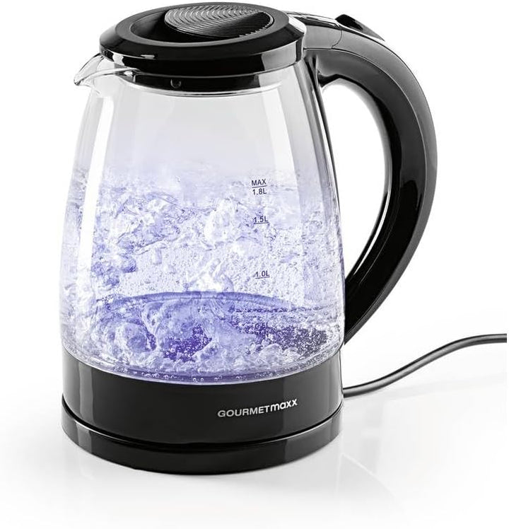 GOURMETmaxx Glas-Wasserkocher 1,8 L mit Blue Vision LED, Schwarz, 1800 W, Kalkfilter, kabellos, auto