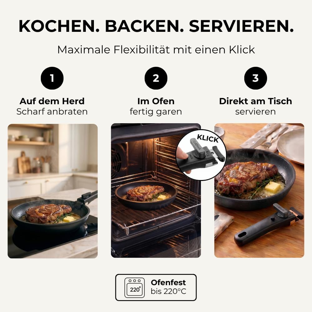 Essential Topf und Pfannenset 8-teilig Induktion, Abnehmbarer Griff, Stapelbar, Platzsparend, Backof