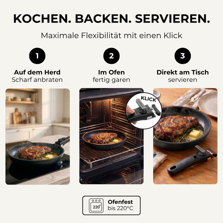 Essential Topf und Pfannenset 8-teilig Induktion, Abnehmbarer Griff, Stapelbar, Platzsparend, Backof