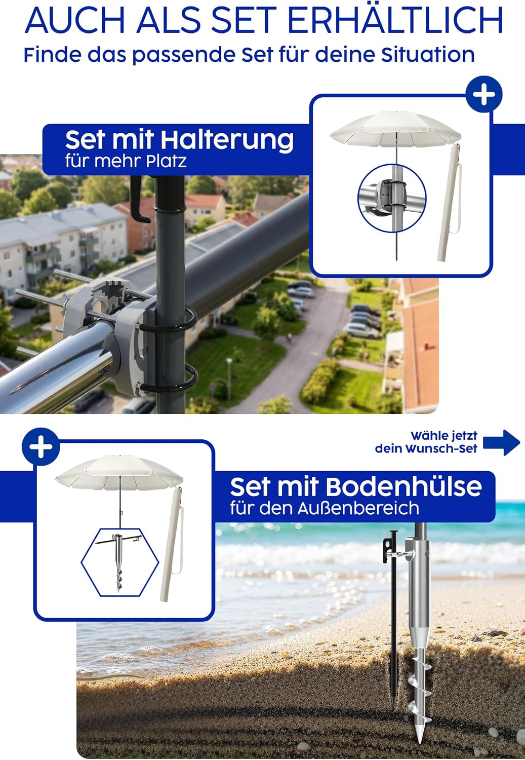 4smile Sonnenschirm Balkon Ø 180cm, Beige - Sonnenschirm Strand mit Hülle - Balkonschirm mit Knickfu