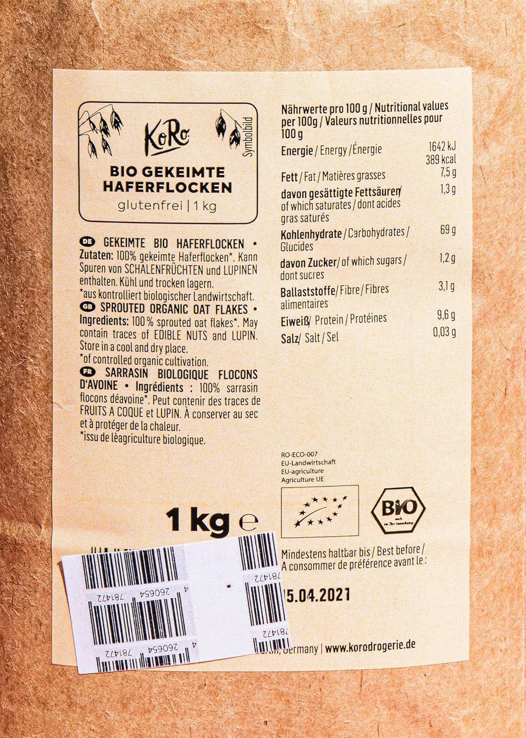 KoRo - Gekeimte Bio Feinblatt Haferflocken 1 kg - Glutenfrei - Vorteilspackung - Ideal für Porridge
