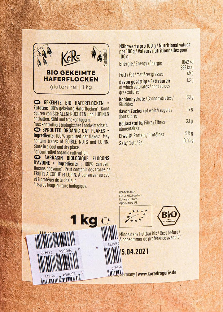 KoRo - Gekeimte Bio Feinblatt Haferflocken 1 kg - Glutenfrei - Vorteilspackung - Ideal für Porridge