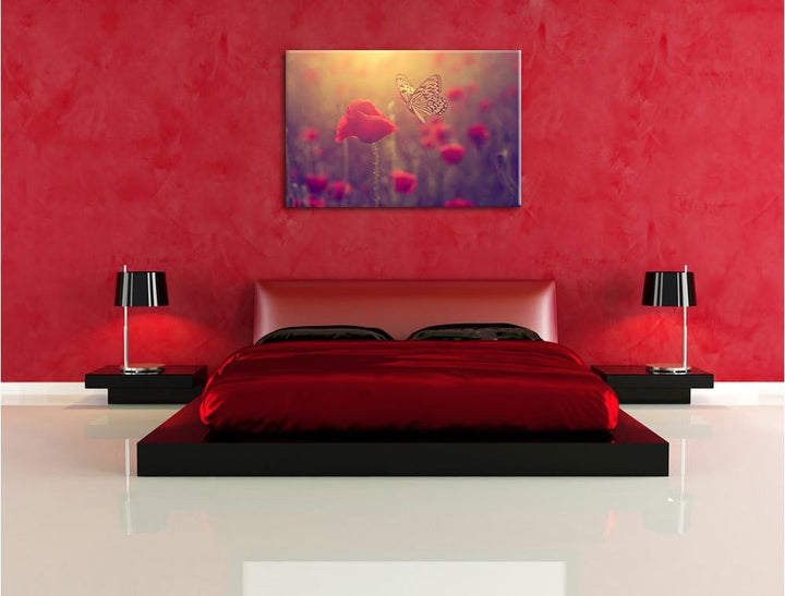 Mohn und Schmetterling, Format: 100x70 auf Leinwand, XXL riesige Bilder fertig gerahmt mit Keilrahme