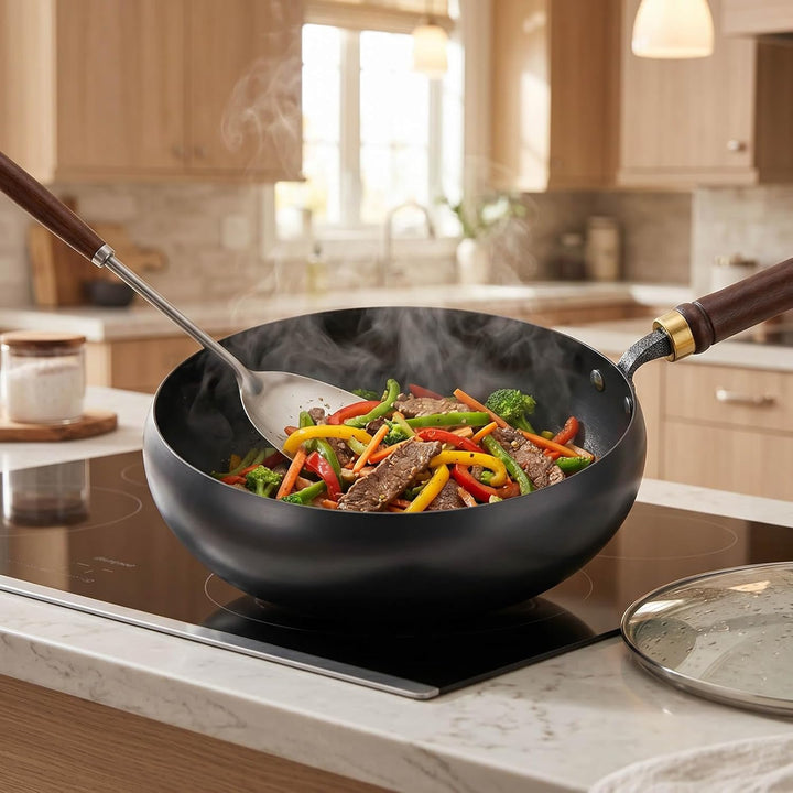 Unbeschichtete Eisenpanne,Eisen Wok, 26cm Hand-Schmiede Antikleber | Eisen Pfanne ohne Beschichtung,