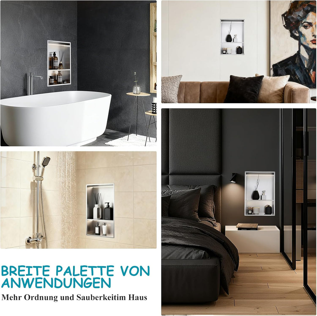 30 x 45 cm Duschnische mit LED-licht, 3000K warmes LED-Licht(Nicht dimmbar), Doppelnische Wandnische