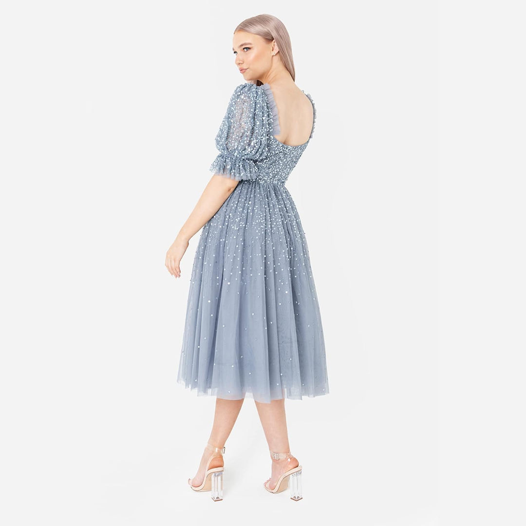 Maya Deluxe Damen Ladies Dress Women Midi Sequin Embellished Frilly Sweetheart Neckline Puffed Sleev