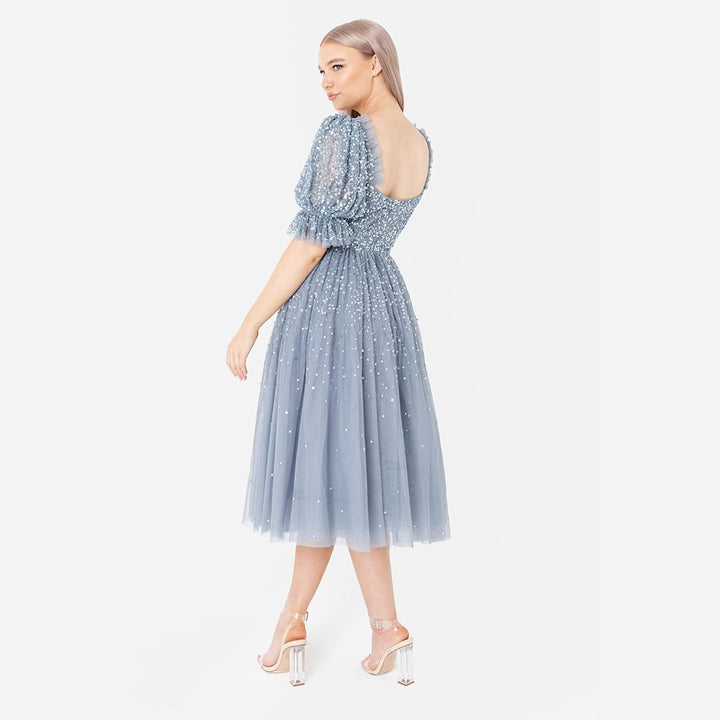 Maya Deluxe Damen Ladies Dress Women Midi Sequin Embellished Frilly Sweetheart Neckline Puffed Sleev