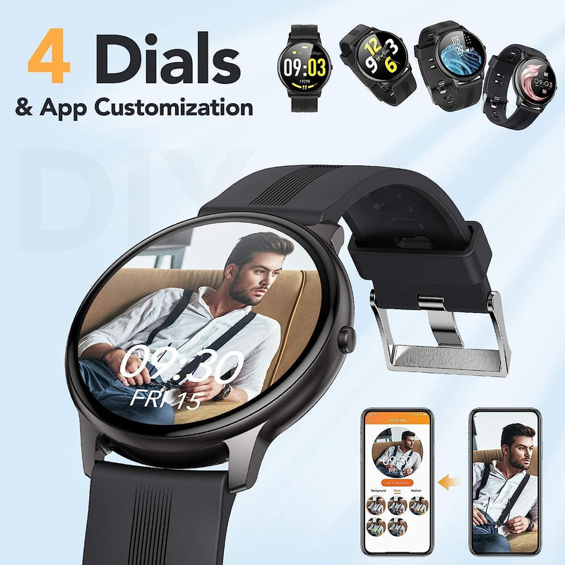 AGPTEK Smartwatch, 1,3 Zoll runde Armbanduhr mit personalisiertem Bildschirm, Musiksteuerung, Herzfr