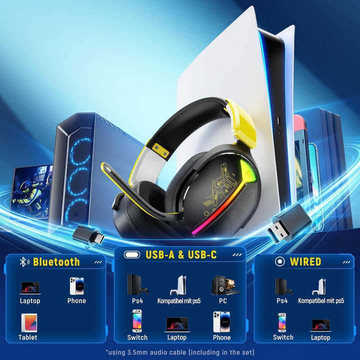 Gaming Headset Wireless, Headset mit Mikrofon für ps5 ps4, PC, Switch, Bluetooth 5.3, 7.1 Surround S