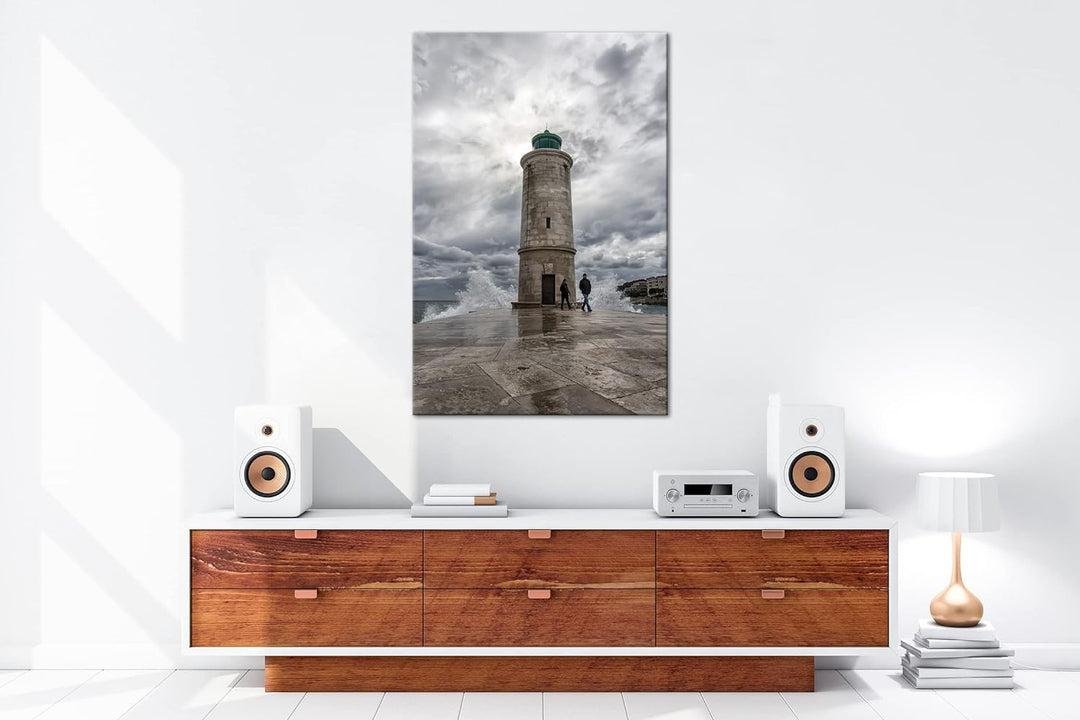 deyoli standfester Leuchtturm Format:90x60 cm als Leinwandbild, Motiv fertig gerahmt auf Echtholzrah