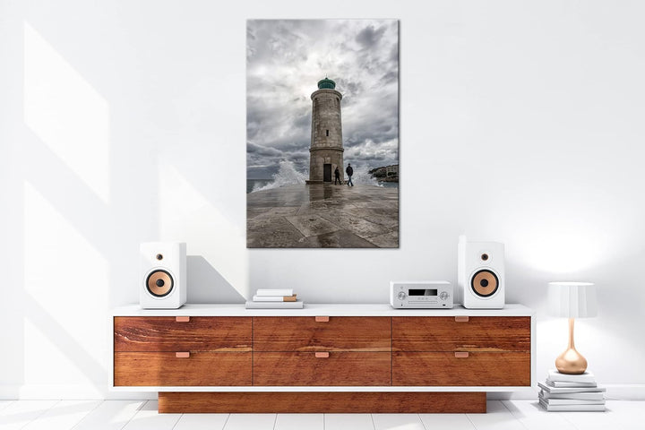 deyoli standfester Leuchtturm Format:90x60 cm als Leinwandbild, Motiv fertig gerahmt auf Echtholzrah