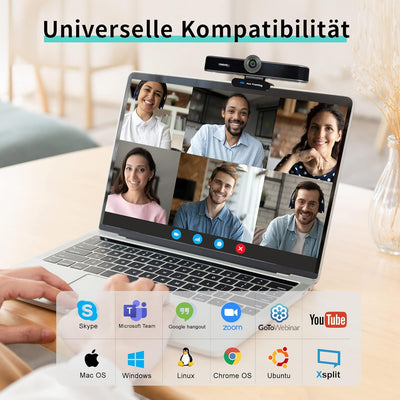TONGVEO 4K Webcam mit Mikrofon und Lautsprecher, 4X Digitalzoom, ePTZ Videokonferenz Webkamera mit F