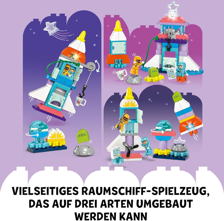 LEGO DUPLO 3-in-1-Spaceshuttle für viele Abenteuer, Weltraum-Set mit Raketen-Spielzeug für Kinder zu