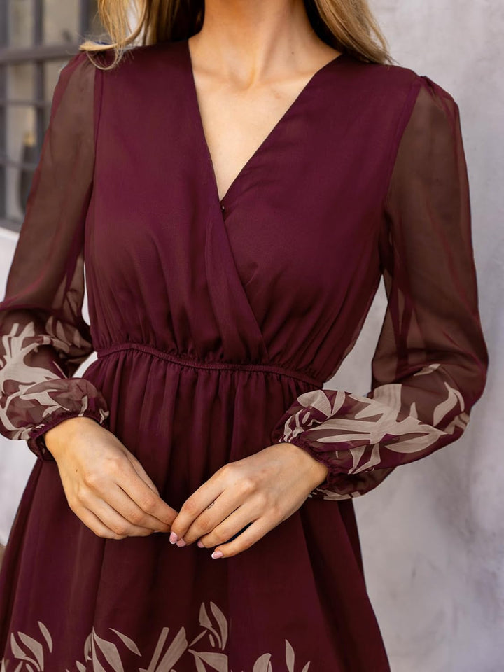 CUPSHE Damen Kleid V Ausschnitt Wickeloptik Transparente Lange Ärmel Blumenmuster Freizeitkleider Wr