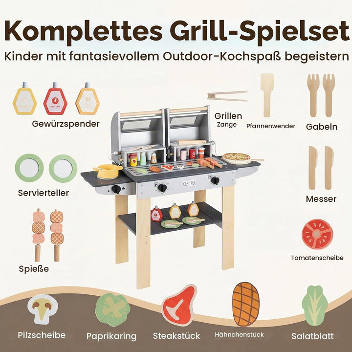 HOMASIS Kinder Grill Spielzeug aus Holz, BBQ Kindergrill-Spielset mit 2 Grillrosten, Verschlussdecke