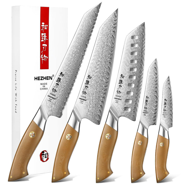 HEZHEN Messerset Profi Damast Küchenmesserset,Damaststahl Kochmesser Set Santoku Messer, Ergonomisch