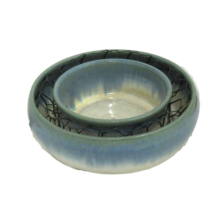 Blumenring beige-blau, handgetöpfert, 13 cm Durchmesser, Steinzeug