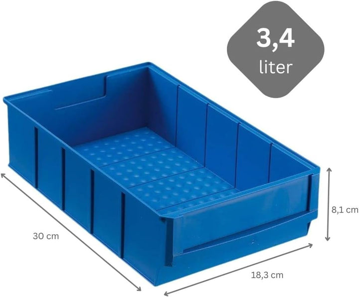 Blaue Industriebox 300 B | HxBxT 8,1x18,3x30cm | 3,4 Liter| Sichtlagerkasten, Sortimentskasten, Sort