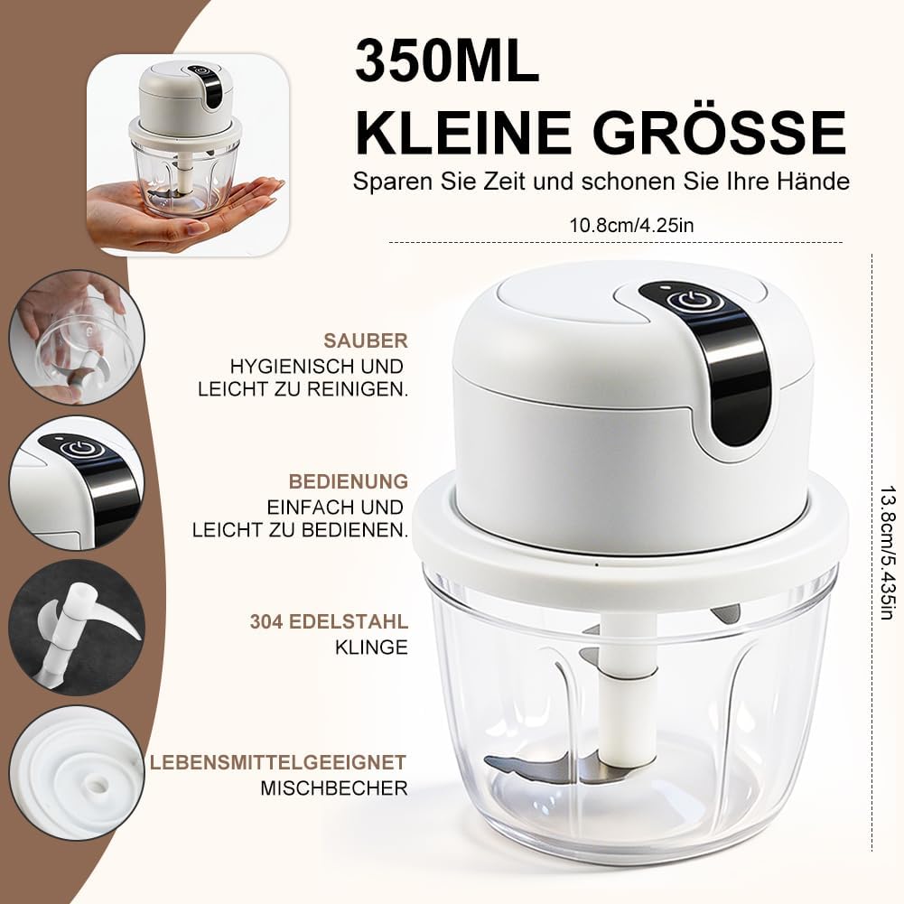 Elektrischer Küchenzerkleinerer, 350ml Zwiebel Zerkleinerer Elektrisch, USB-Aufladung, Kabelloser Ze