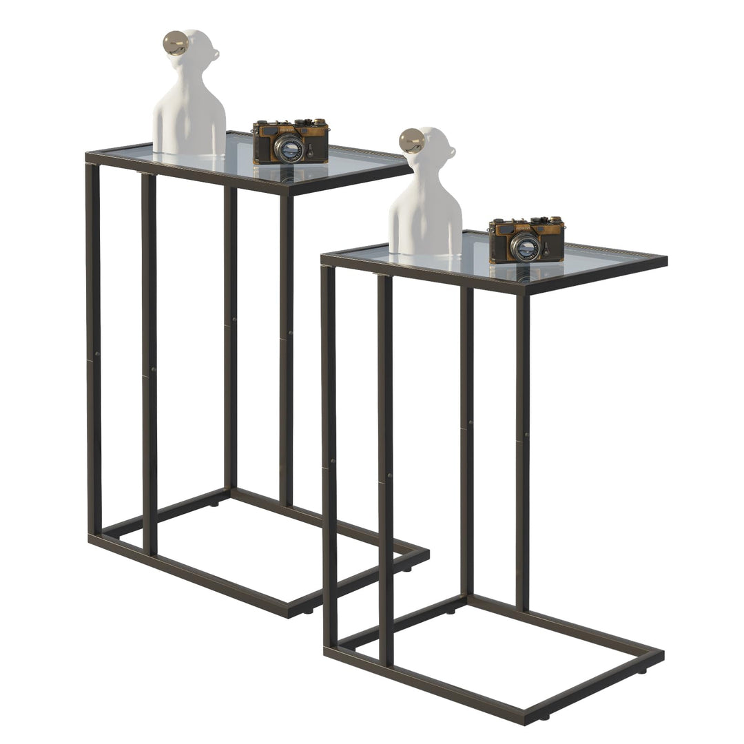 Huhote C-förmiger Beistelltisch 2er Set, Glas-Beistelltisch für Couch, Sofatisch mit Metallrahmen, C
