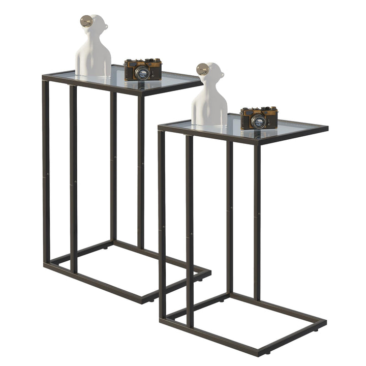 Huhote C-förmiger Beistelltisch 2er Set, Glas-Beistelltisch für Couch, Sofatisch mit Metallrahmen, C