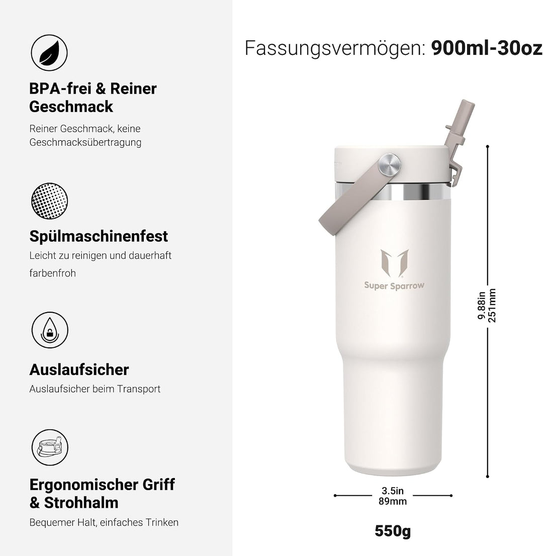 Sparrow Trinkflasche Edelstahl - Twistpath Thermosflasche mit Flex-Strohhalmdeckel - 900ml - BPA-fre