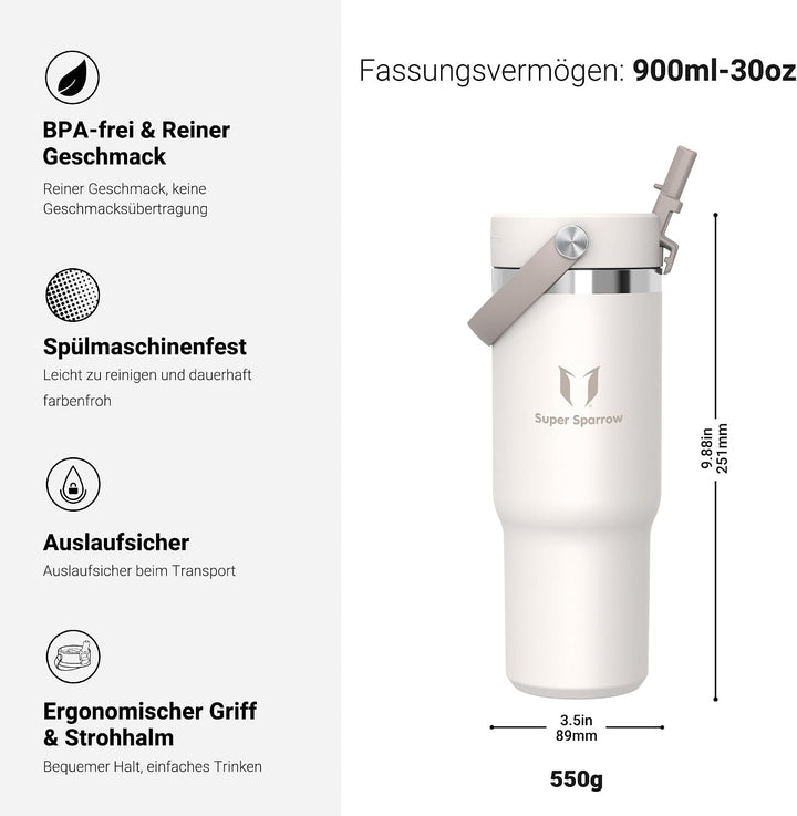 Sparrow Trinkflasche Edelstahl - Twistpath Thermosflasche mit Flex-Strohhalmdeckel - 900ml - BPA-fre