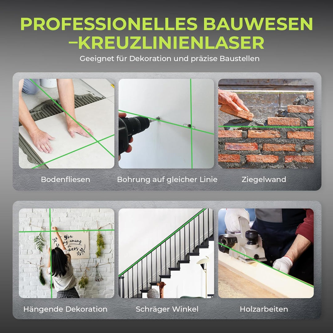 Kreuzlinienlaser Grün 4×360° – 16 Linien, 2x 2400mAh Selbstnivellierend, Kompakt & Mobil, Inklusive