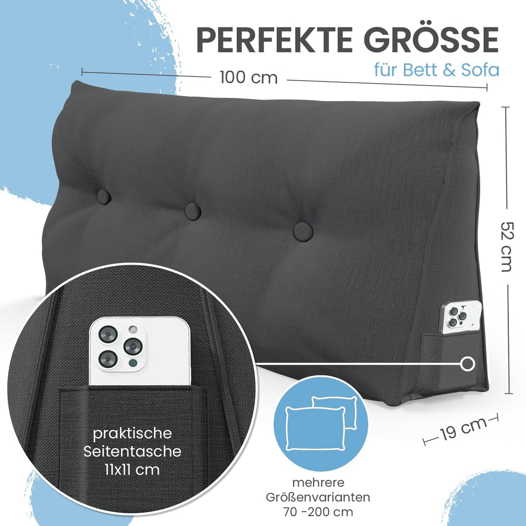 ELONEO Rückenkissen 100 cm breit, Keilkissen für Bett und Sofa geeignet, dreieckiges Lesekissen, Kis