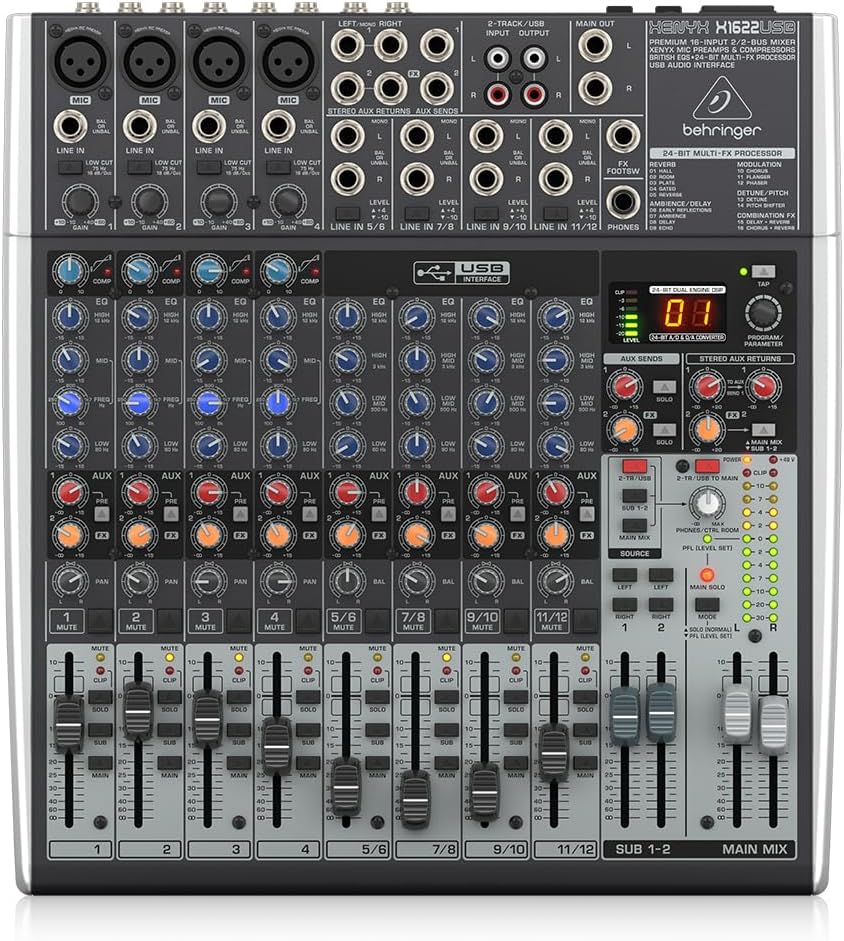 Behringer XENYX X1622USB Premium 16-Input 2/2-Bus Mixer mit XENYX Mic Preamps und Compressors, Briti