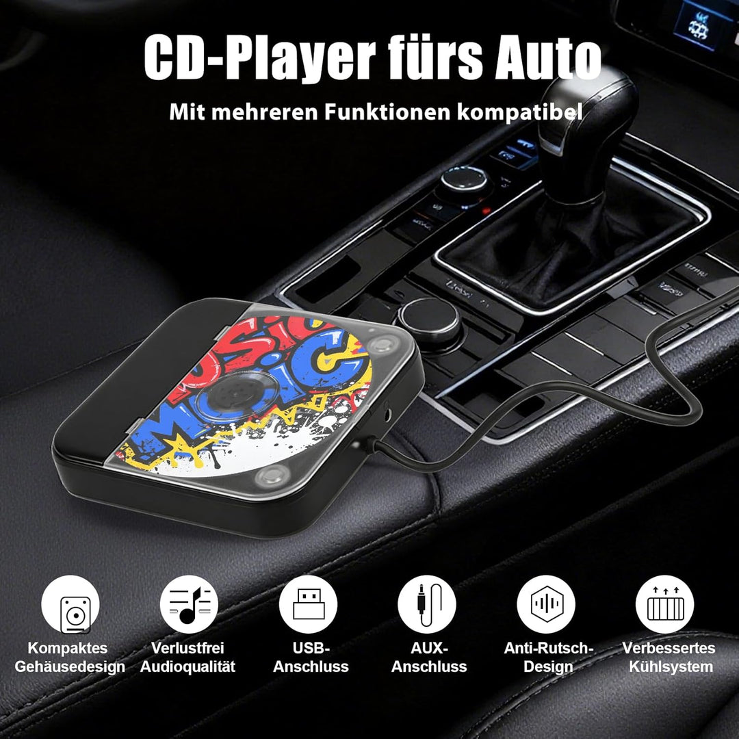 CD Player für Auto, Externer Universal Auto CD Player mit USB/AUX-Anschluss, Plug & Play, Anti-Skip-