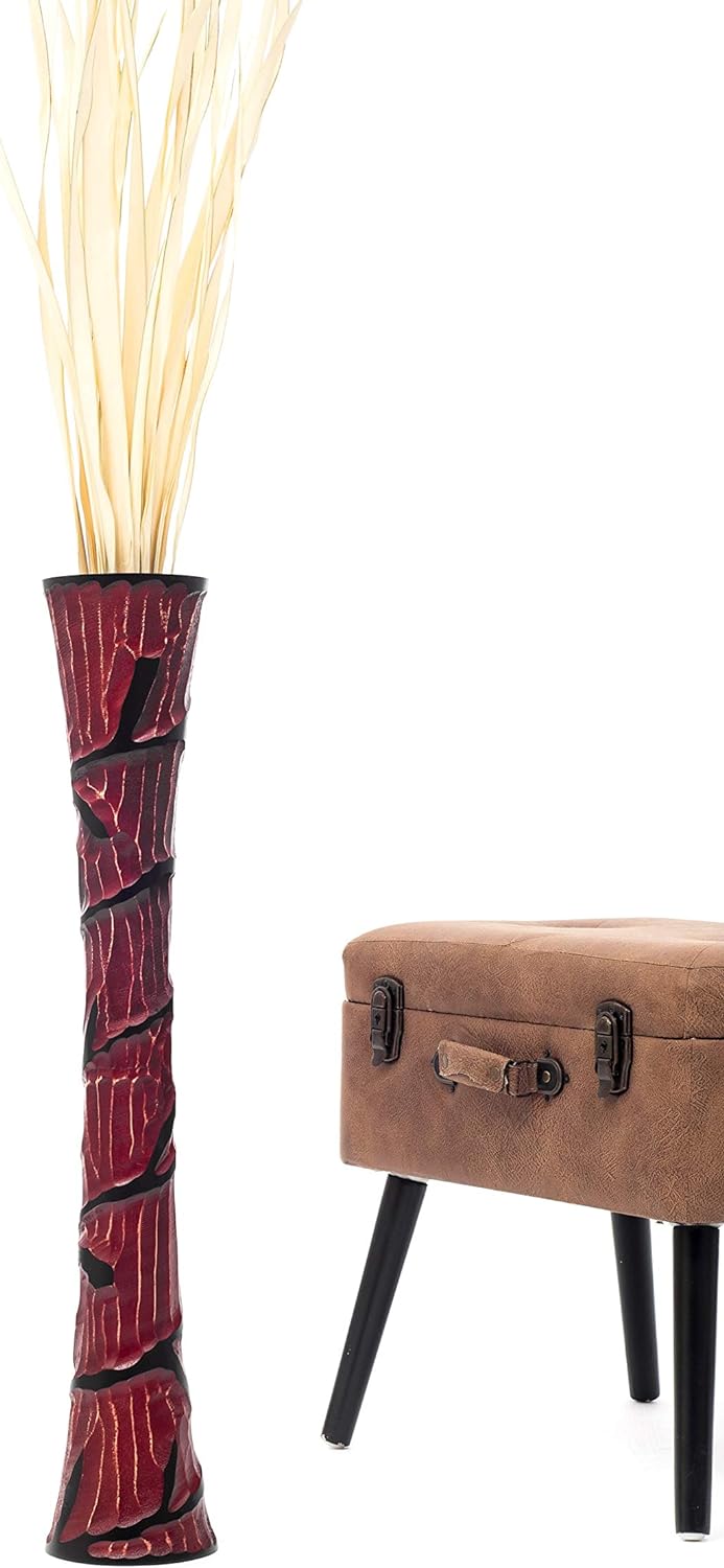 Leewadee Grosse Bodenvase für Dekozweige hohe Standvase Design Holzvase, Holz, 70 cm, Rot 70 cm Rot,