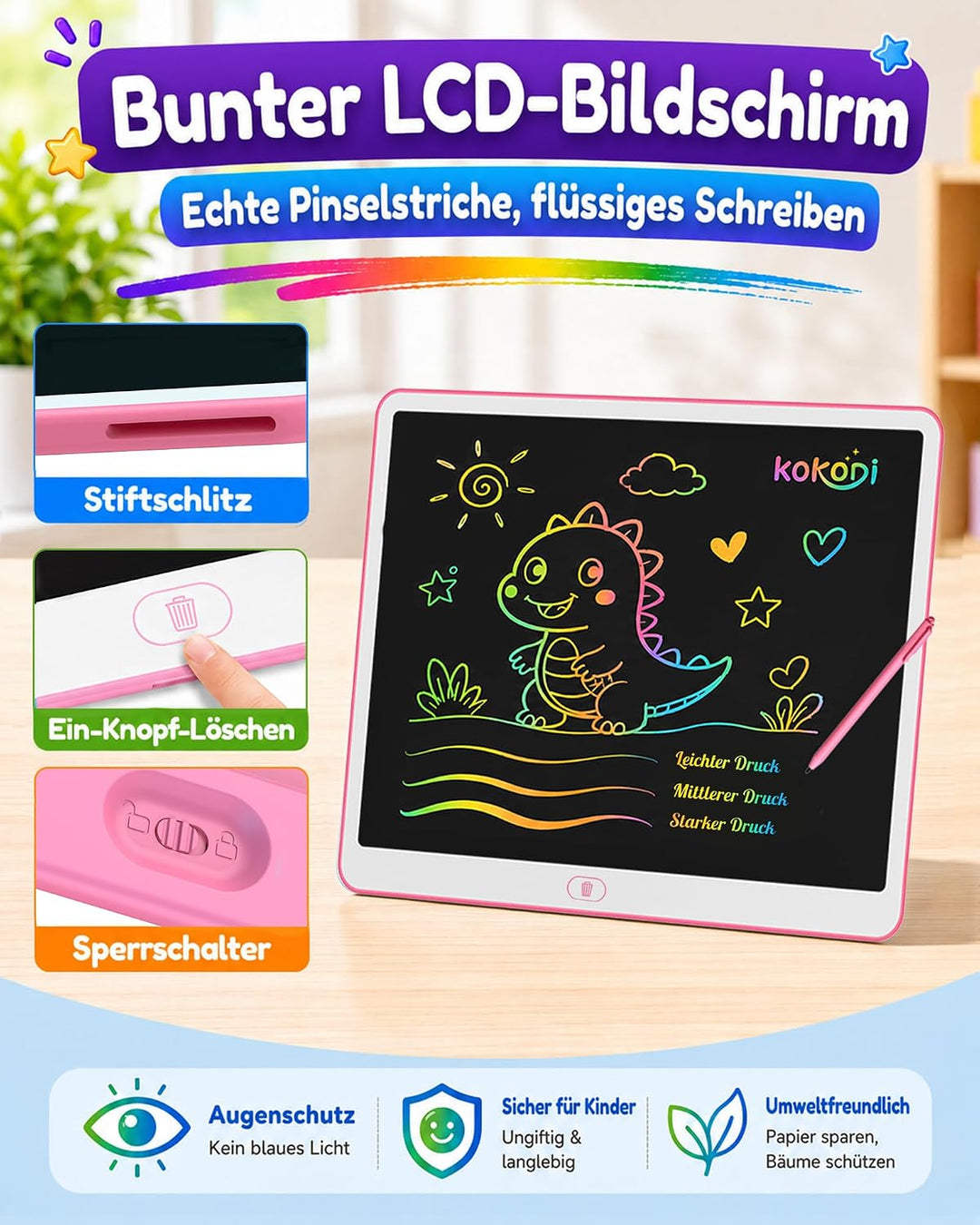 KOKODI Lcd Schreibtafel Kinder für Spielzeug ab 3 jahre, 16 Zoll Heller Bunten Maltafel Zaubertafel