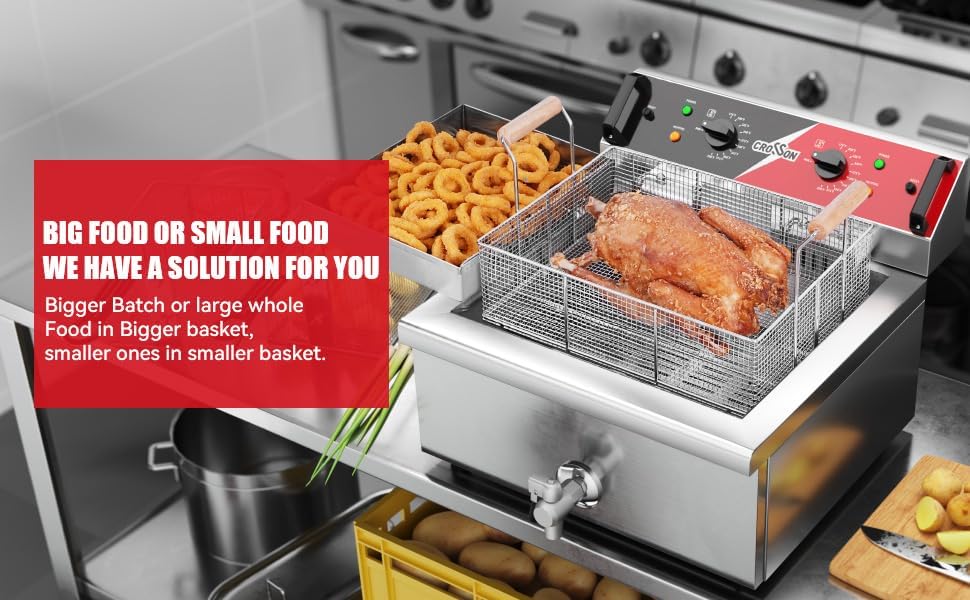 CROSSON Kommerzielle Elektrische Fritteuse 6500W 12L Grosse Edelstahl Fritteuse mit Ablaufhahn,3 Kor