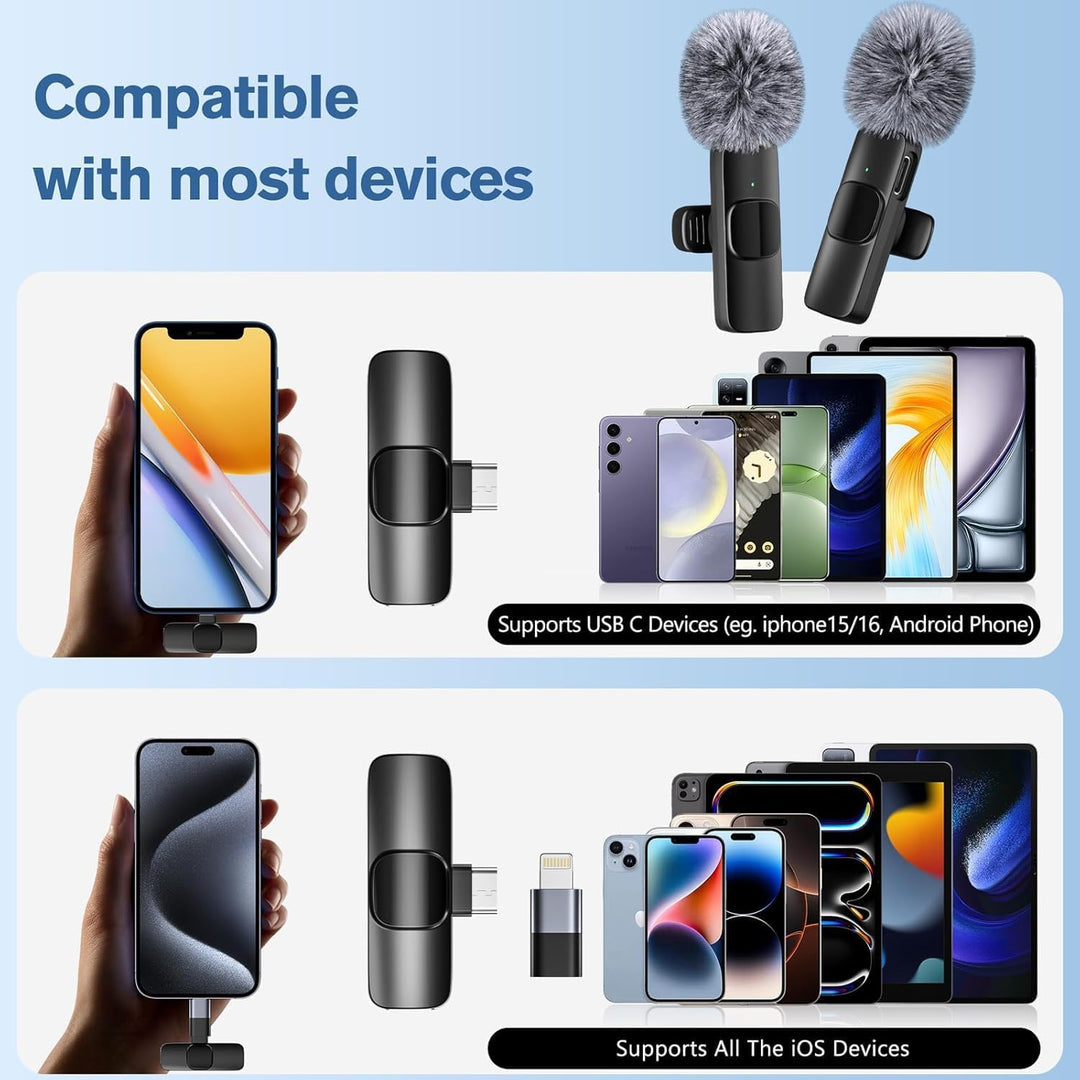Mini Mic Pro Kabelloses Mikrofon für iPhone, iPad, Android, 2er-Pack Lavalier-Mikrofon mit USB-C für