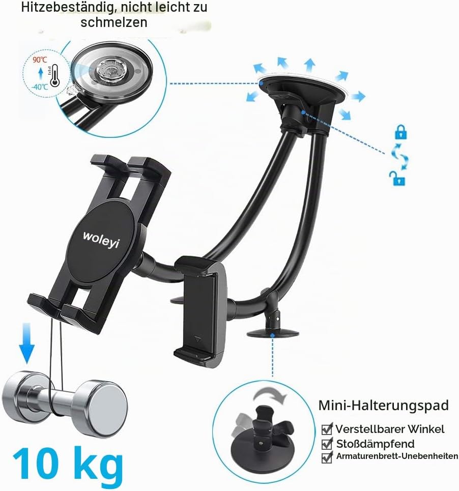 Autohalterung für Dual Handy oder Tablet, woleyi Windschutzscheibe Auto Tablet Handyhalter mit Lang