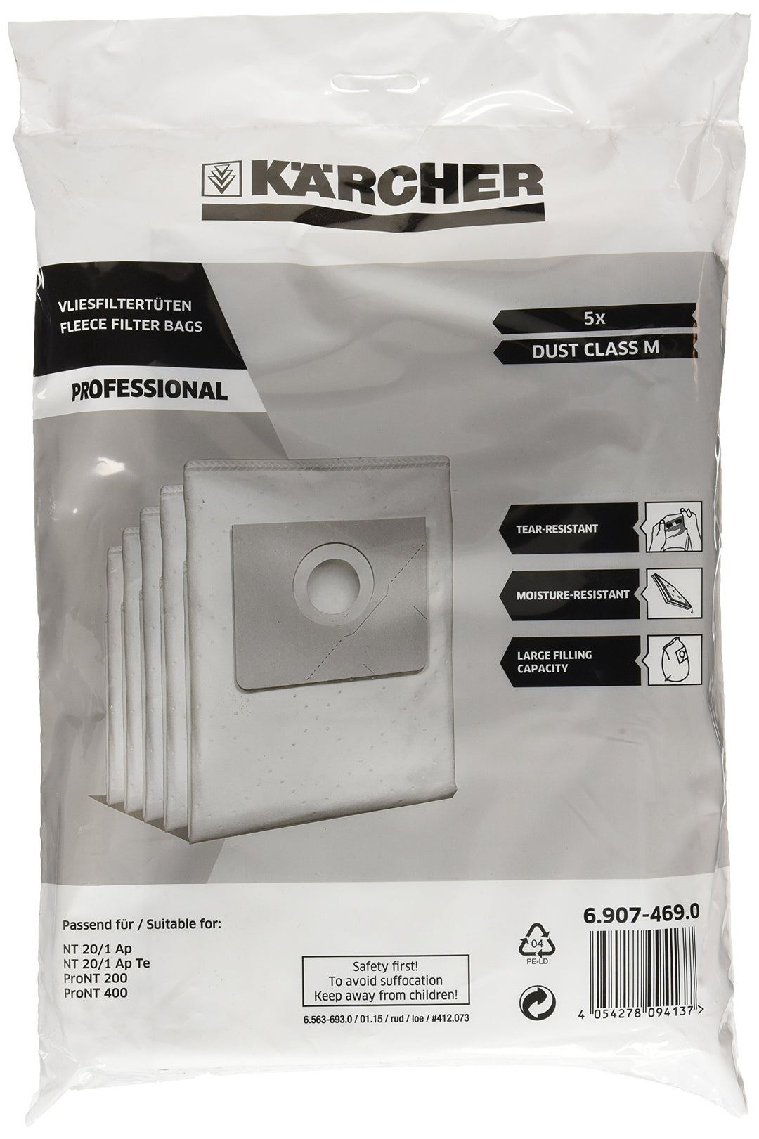 Kärcher 6.907 – 469.0 Zubehör für Absauggeräte Pro NT/T, Beutel Filter Vlies X5
