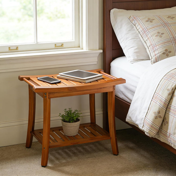 Utoplike Teak Dusche Sitz mit Griffen, tragbare hölzerne Spa Badehocker mit Lagerung Handtuch Regal,