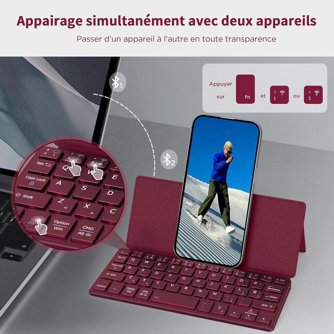 CACOE Bluetooth Tastatur mit Ständer, Mini Tastatur für Handy, Ultraflach, Tragbar, Faltbar, Dual-Ch