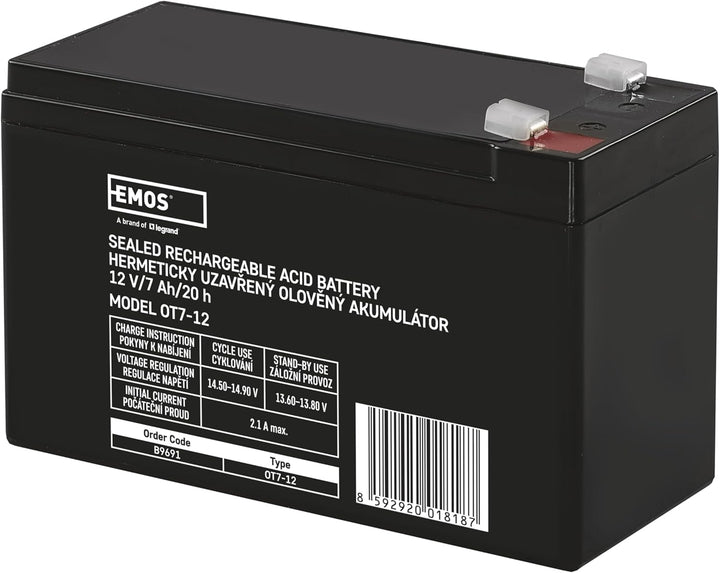EMOS - Wartungsfreier Bleiakku - 12V 7Ah - AGM Batterie - Faston 4,7mm Anschluss - Für Gefahrmeldean