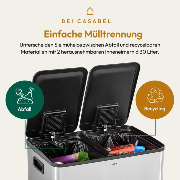 CASABEL Selektive Sortierung Küchenabfallbehälter 60L - 2 x 30 Liter, Doppelfächer, Edelstahl gebürs
