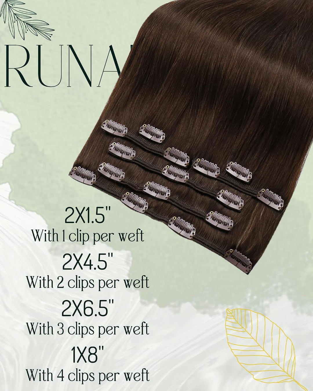RUNATURE Clip in Extensions Echthaar Mittelbraun Remy Extensions Clips in Echthaar Doppelt Tressen E