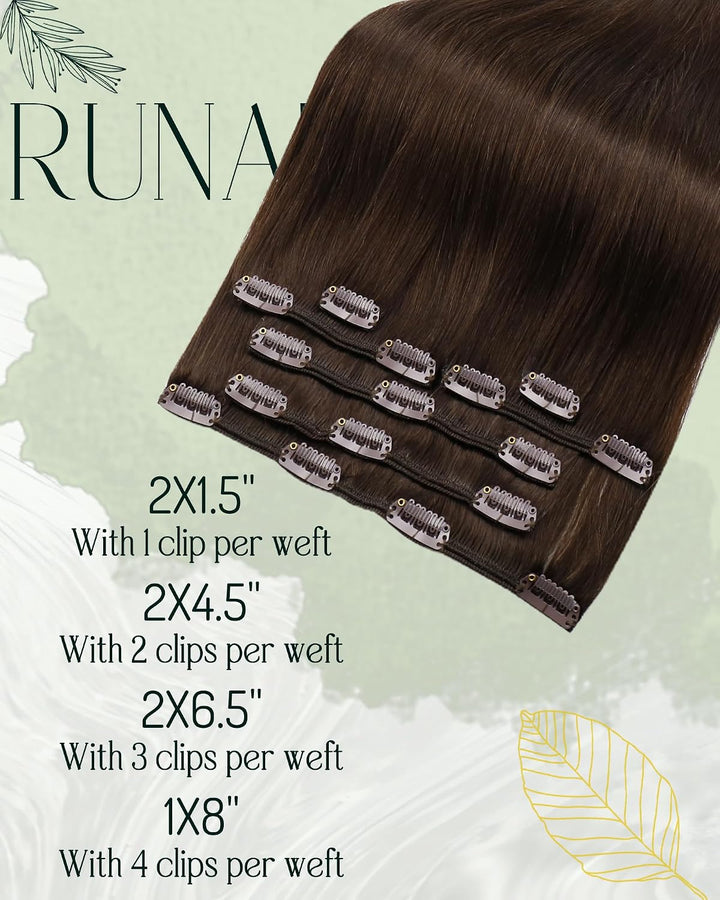 RUNATURE Clip in Extensions Echthaar Mittelbraun Remy Extensions Clips in Echthaar Doppelt Tressen E