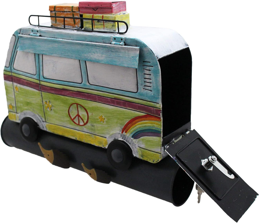 Briefkasten Postkasten Metall bemalt,Wandbriefkasten mit Zeitungsrolle A4, (Hippie Bus bunt), Hippie